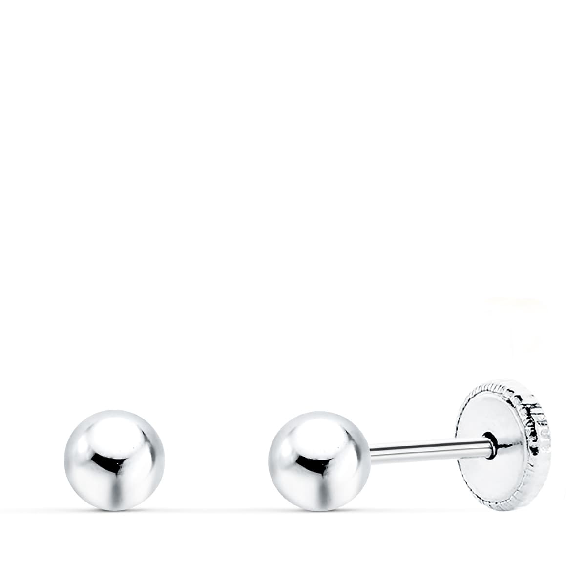 Pendientes de oro blanco 18k bola lisa (4 mm) cierre tuerca