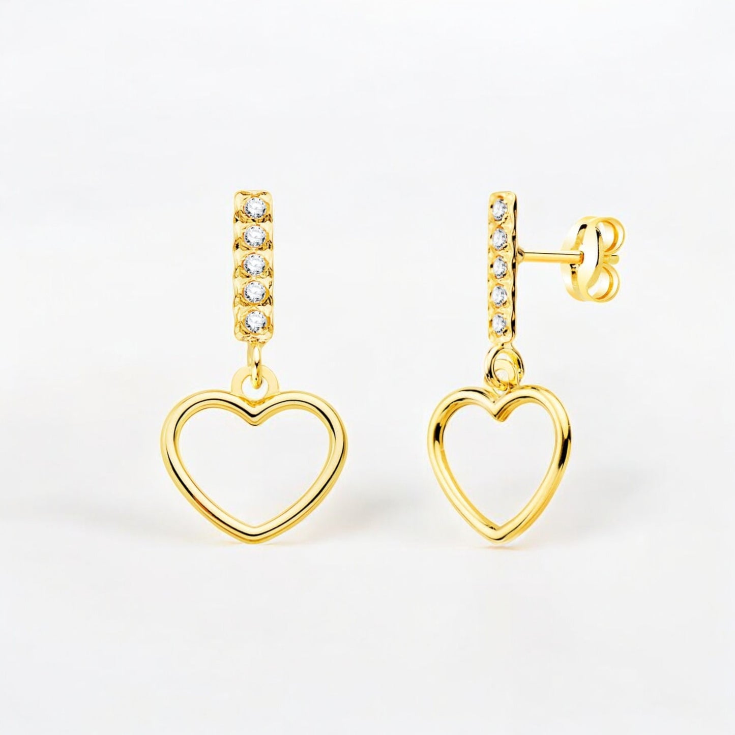 18k pendientes oro amarillo dos cuerpos colgante corazón y circonita 17×9 mm