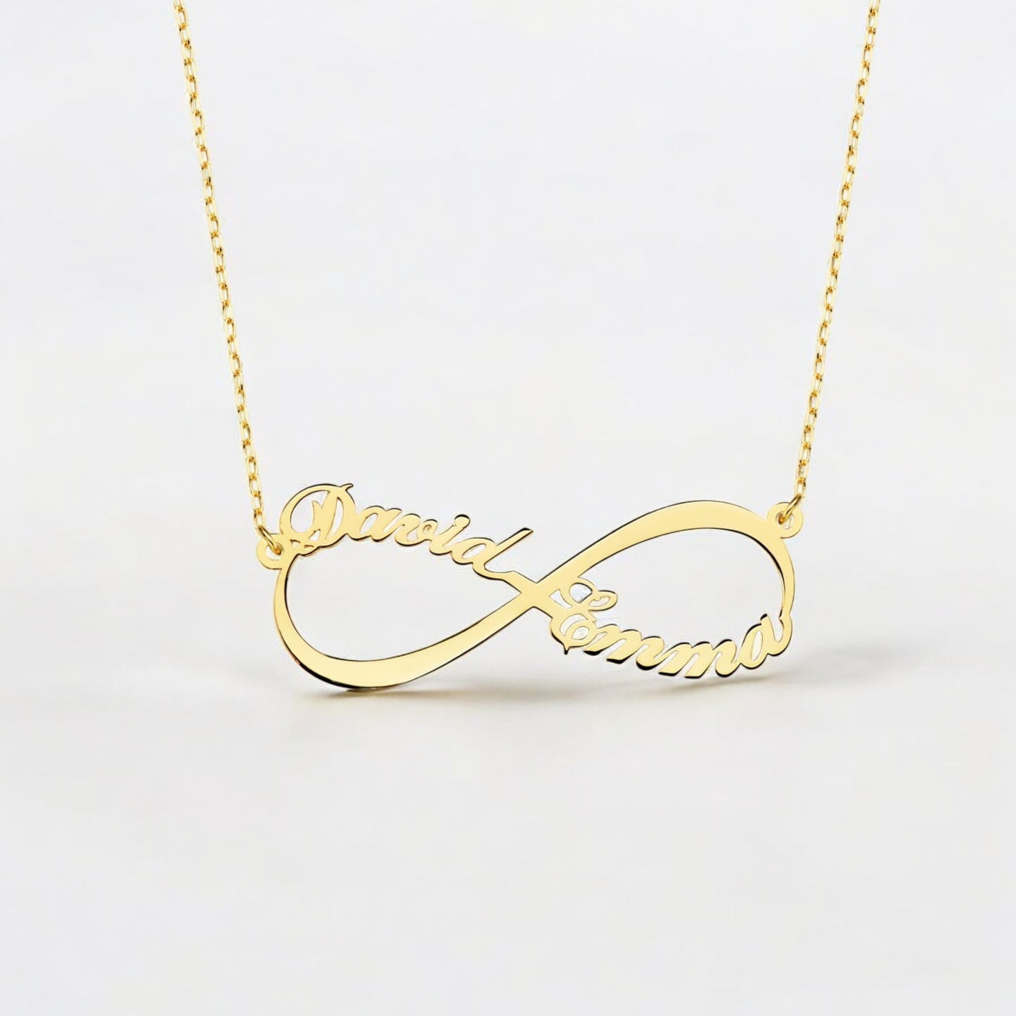 18k gargantilla oro amarillo infinito personalizado 2 nombres 35 mm cadena 44+2 cm