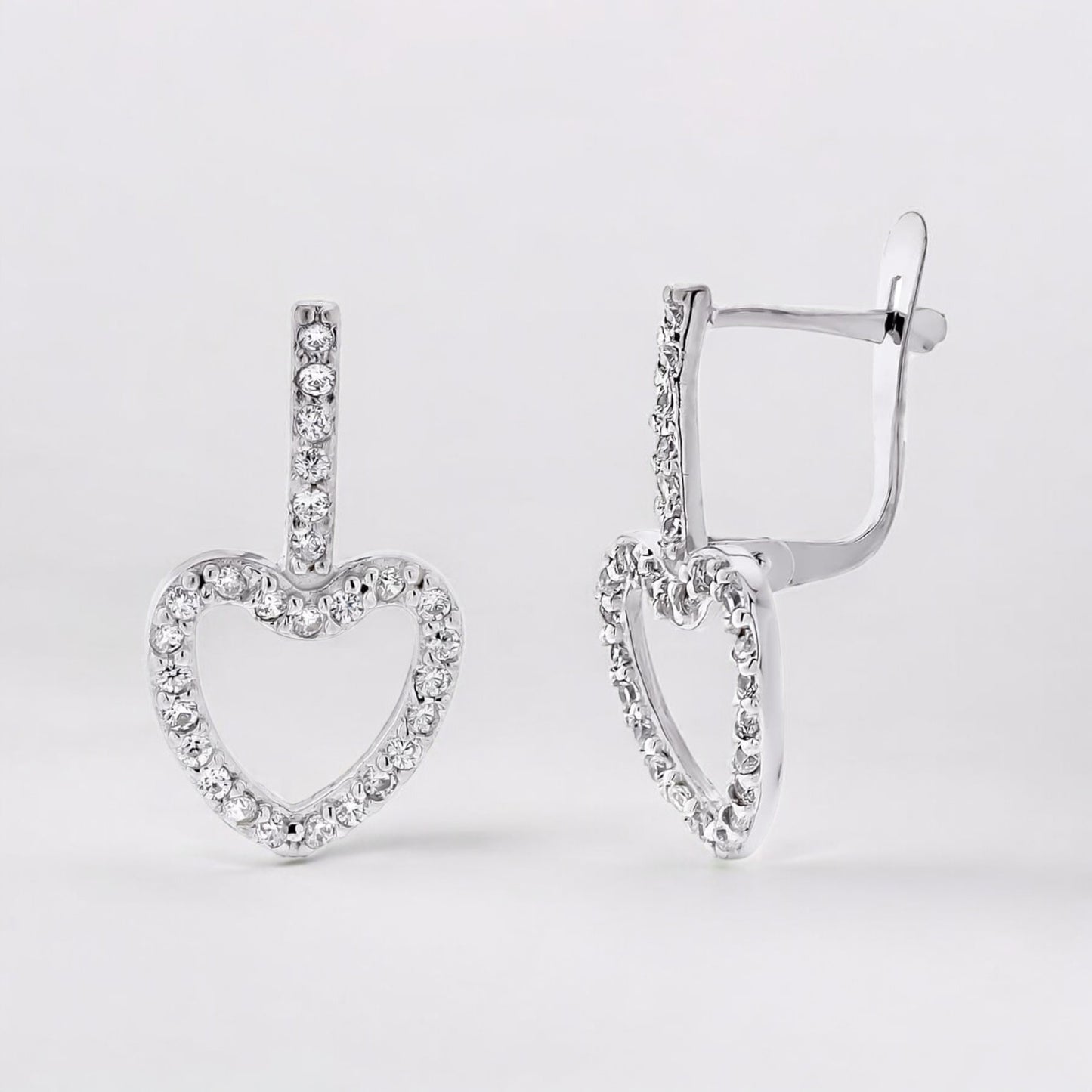 9k pendientes oro blanco dos cuerpos corazón circonita 20×10 mm cierre catalán