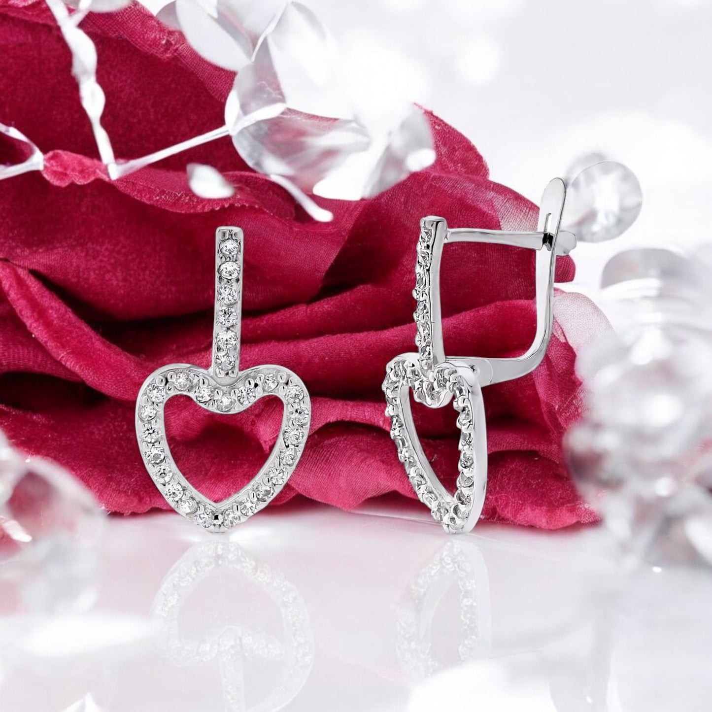 9k pendientes oro blanco dos cuerpos corazón circonita 20×10 mm cierre catalán