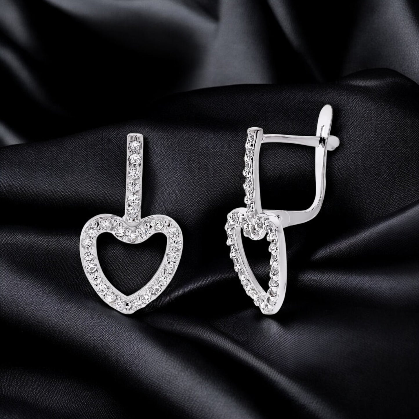 9k pendientes oro blanco dos cuerpos corazón circonita 20×10 mm cierre catalán