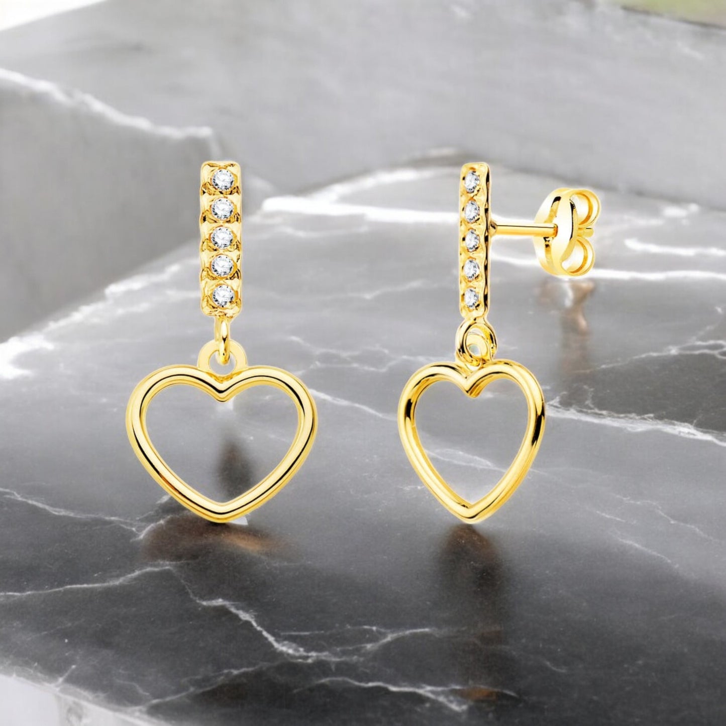 18k pendientes oro amarillo dos cuerpos colgante corazón y circonita 17×9 mm
