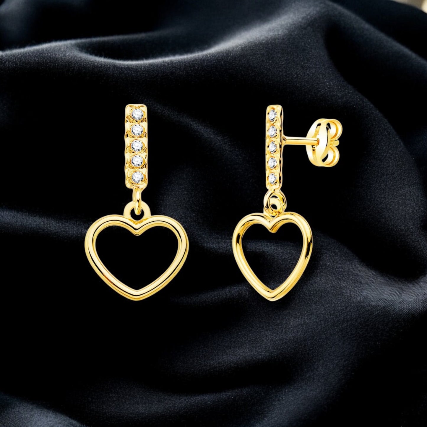 18k pendientes oro amarillo dos cuerpos colgante corazón y circonita 17×9 mm