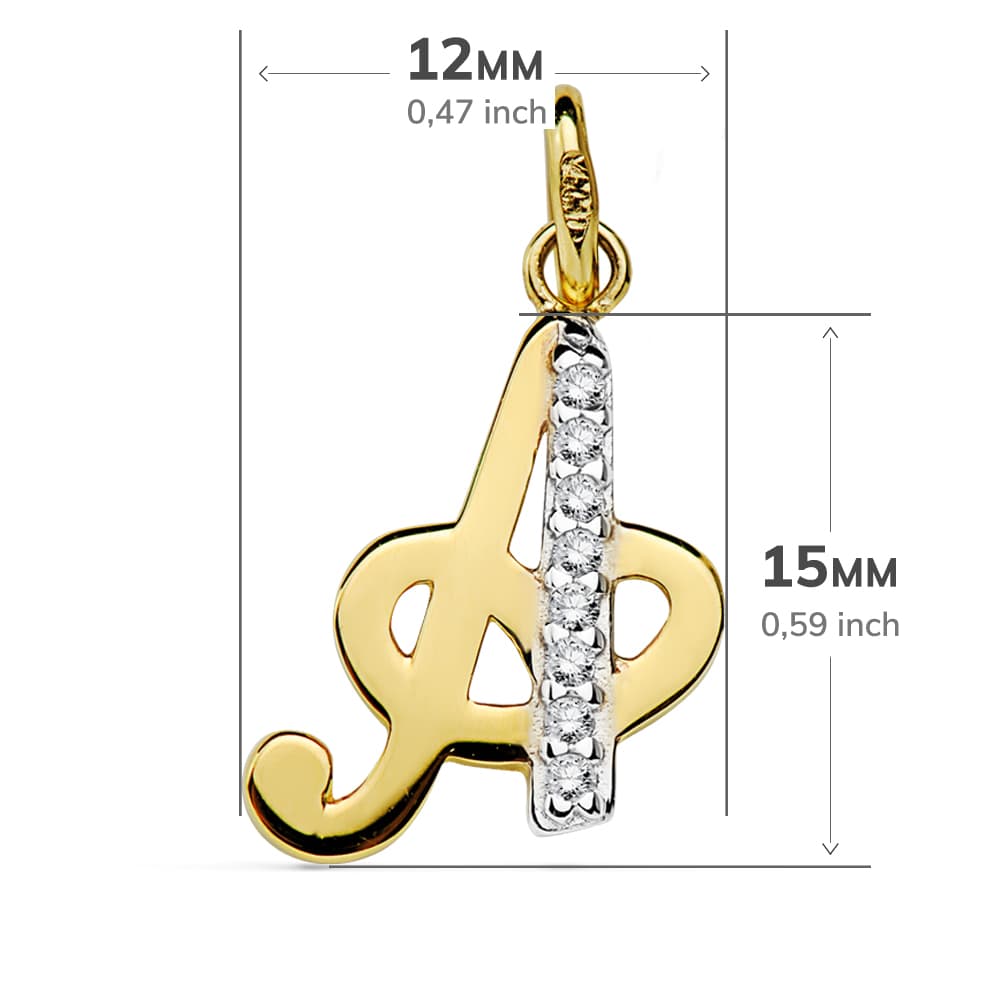 18k colgante oro bicolor letra "a" circonita 15×12 mm