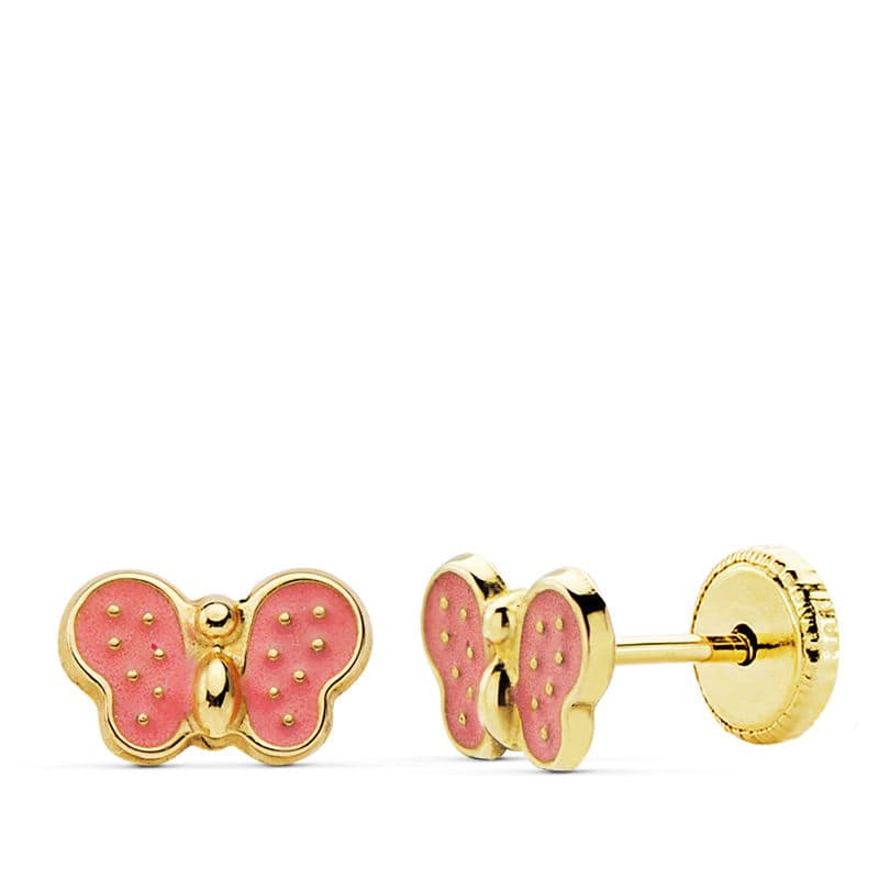 Pendientes de oro amarillo 18k mariposa rosa 7×5 mm