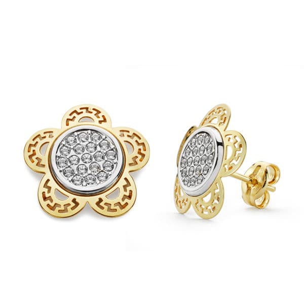 Pendientes oro bicolor flor 12×12 mm cierre presión - Joyería Ferraz, Calle Ferraz 27, Moncloa-Aravaca Argüelles, Madrid