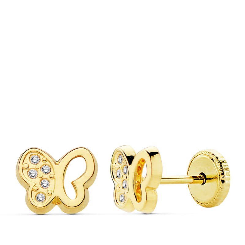 Pendientes de oro amarillo 18k mariposa con circonitas 7×6 mm