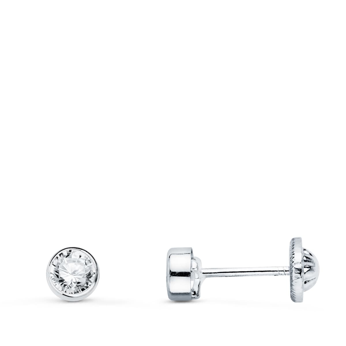 Pendientes de oro blanco 18k redondos bocel con circonita (4 mm) cierre tuerca
