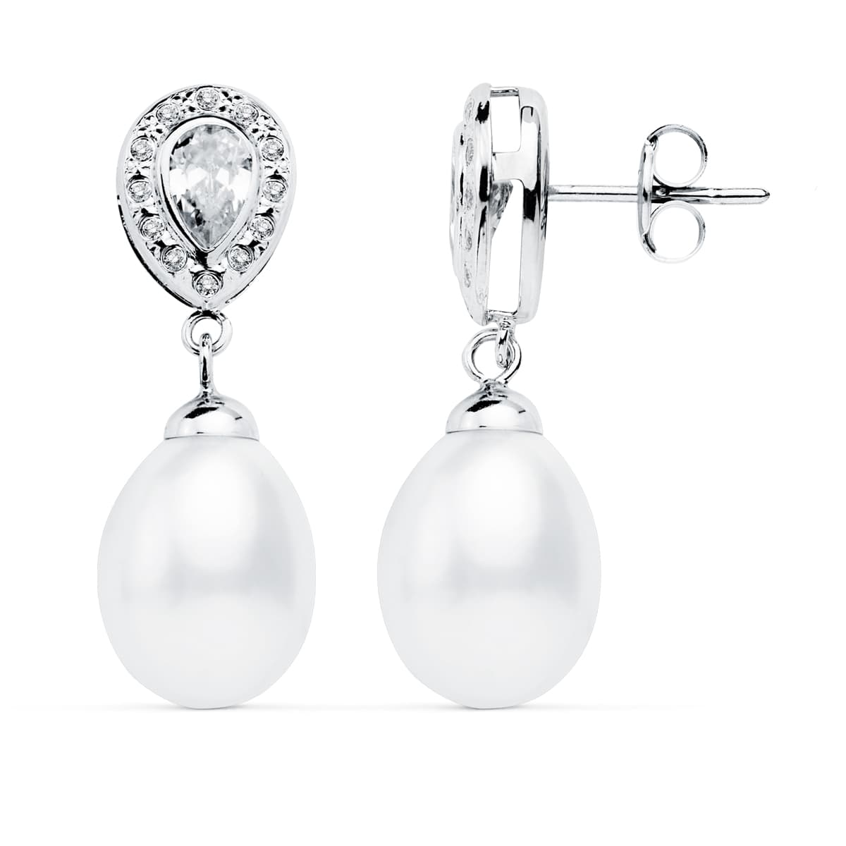 Pendientes oro blanco perla 27×9 mm cierre presión