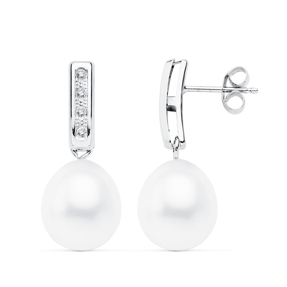 Pendientes oro blanco perla 24×9 mm cierre presión