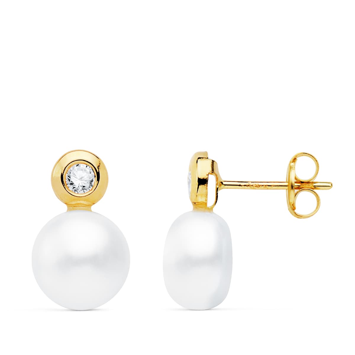 Pendientes de oro amarillo con perla y engaste en chatón 13×8 mm.