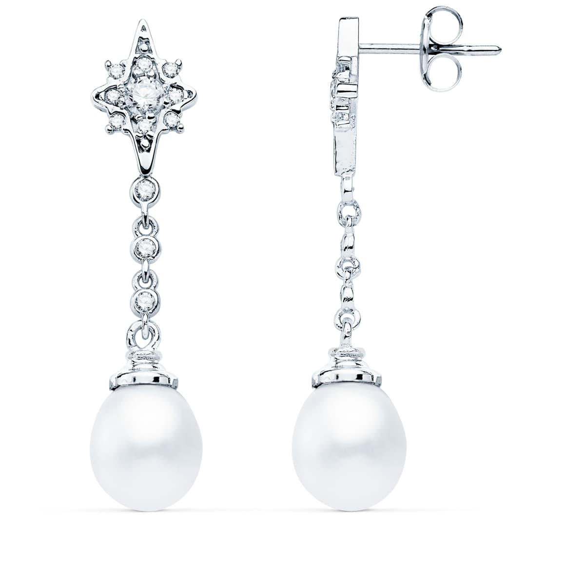 Pendientes largos oro blanco perla y circonita 37×7 mm cierre presión