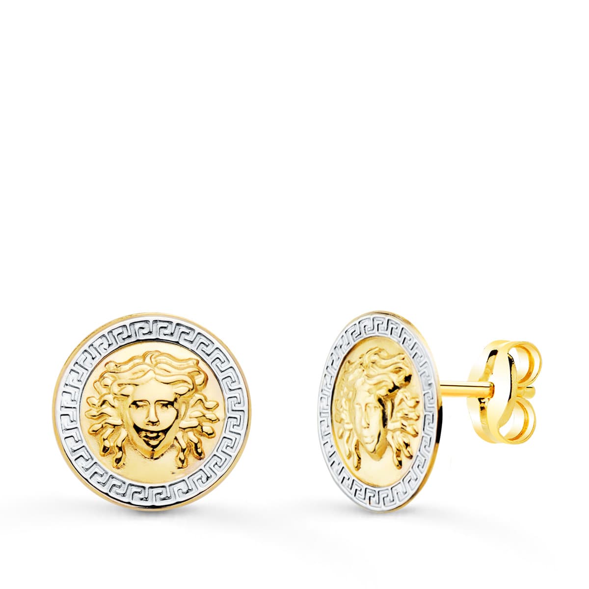 Pendientes bicolor Medusa y borde de greca 12 mm - Joyería Ferraz, Calle Ferraz 27, Moncloa-Aravaca Argüelles Madrid