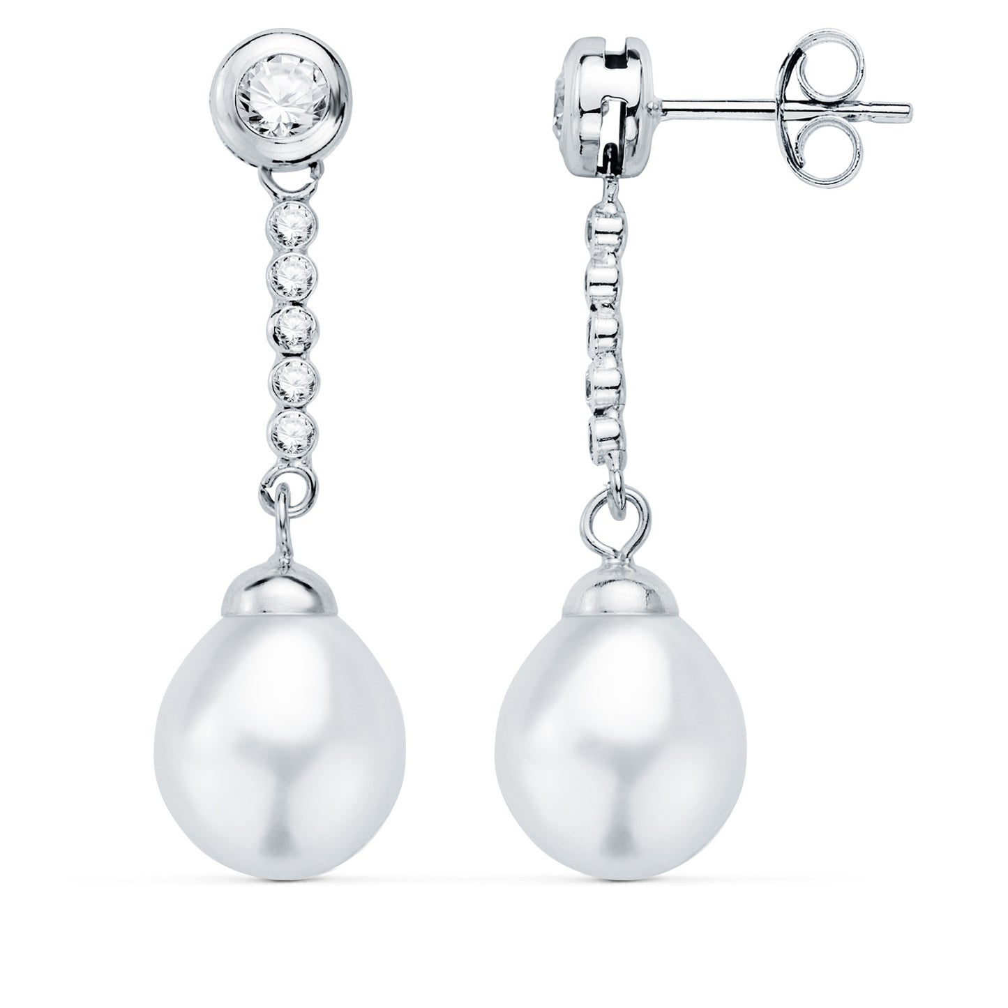 Pendientes oro blanco perla y chatón con circonita 30×8 mm presión