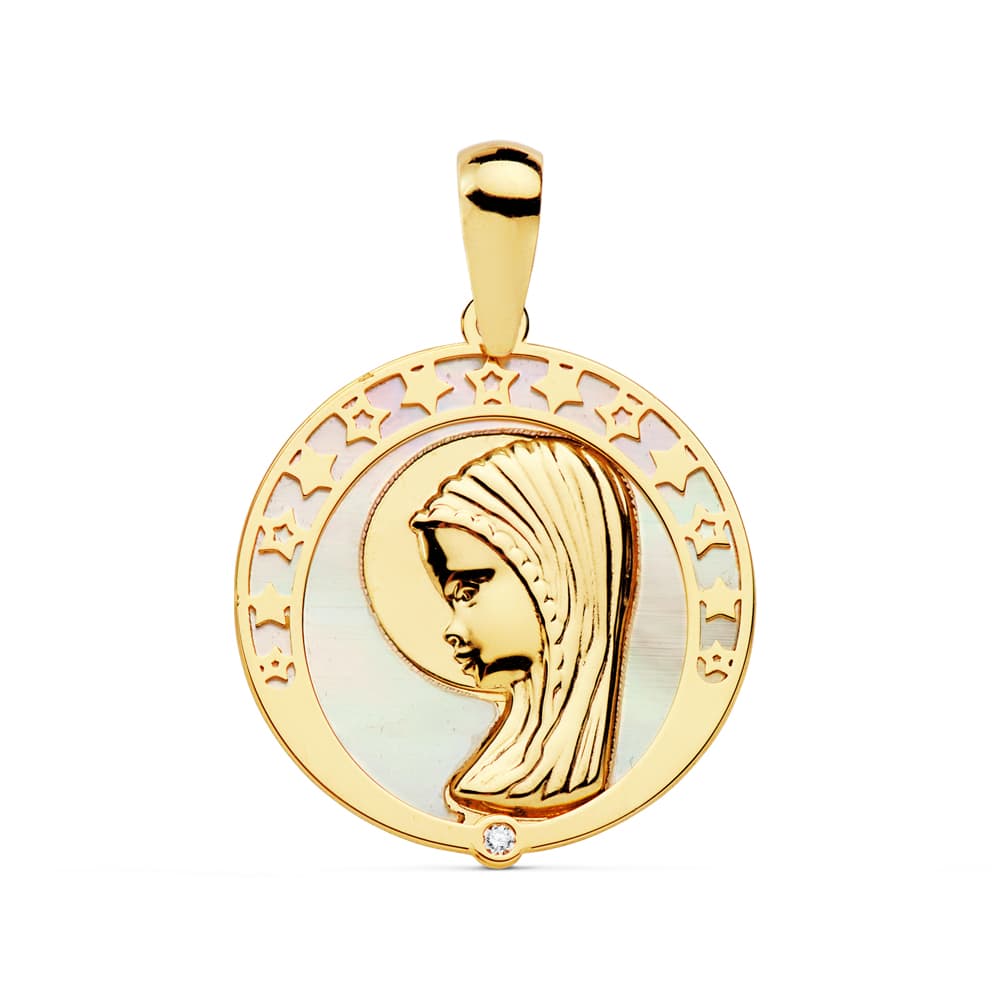 18k medalla oro amarillo virgen niña nácar circonita 17 mm
