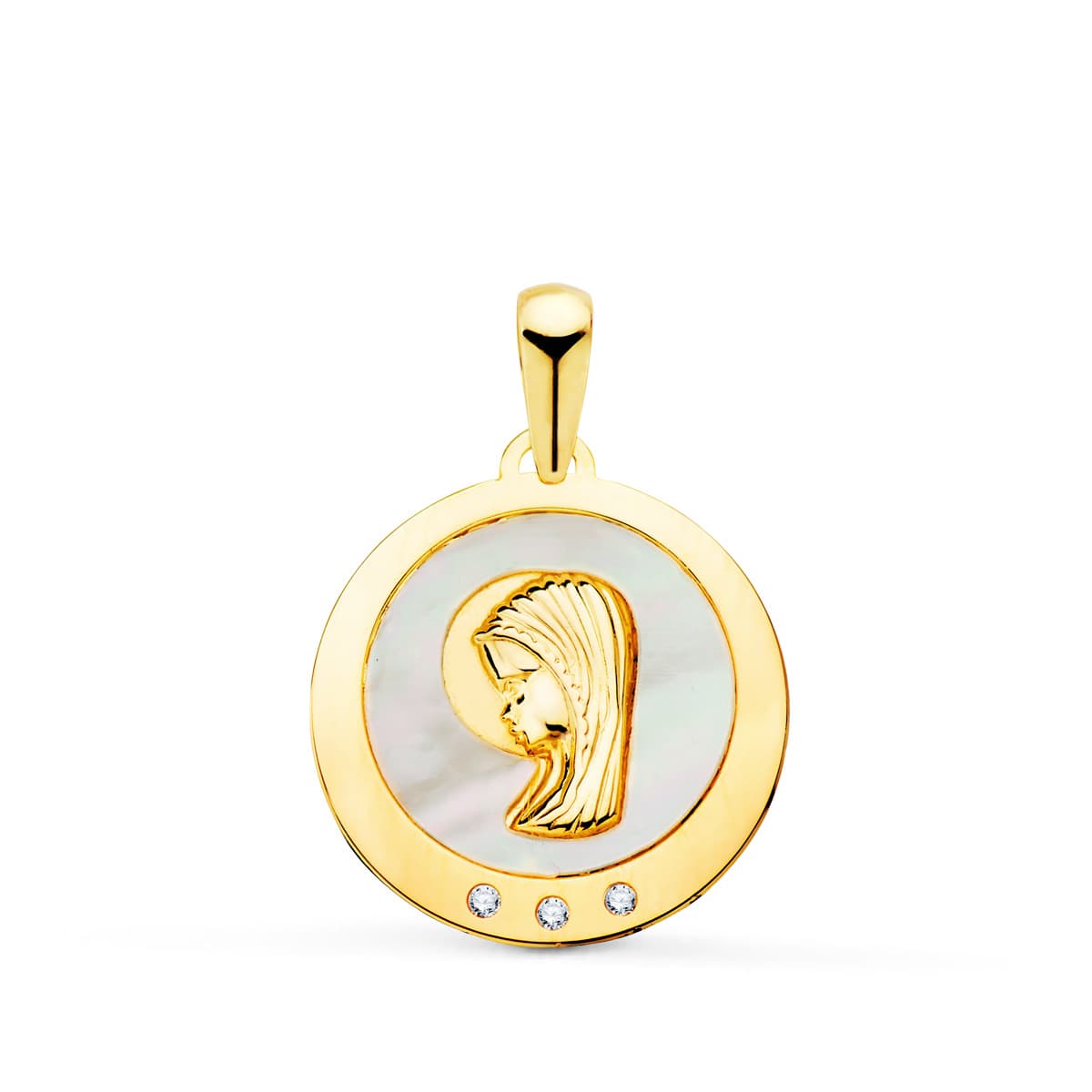 18k medalla oro amarillo virgen niña con nácar y circonita 14 mm