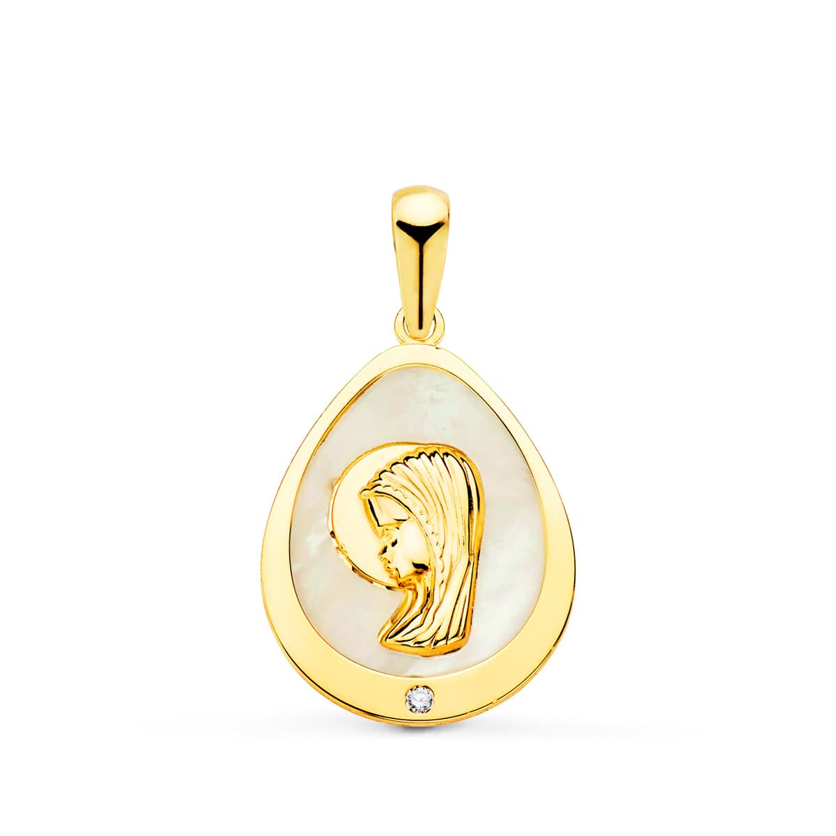 18k medalla oro amarillo Virgen Niña lágrima con nácar y circonita 15×12 mm