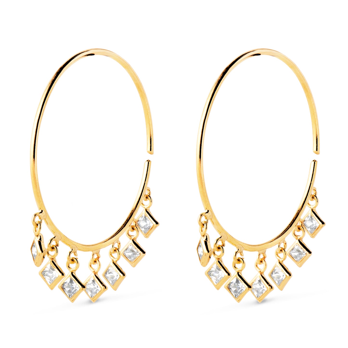 18k aros oro amarillo abiertos con hilo 0.75 mm con colgantes de circonitas. Ancho 20 mm