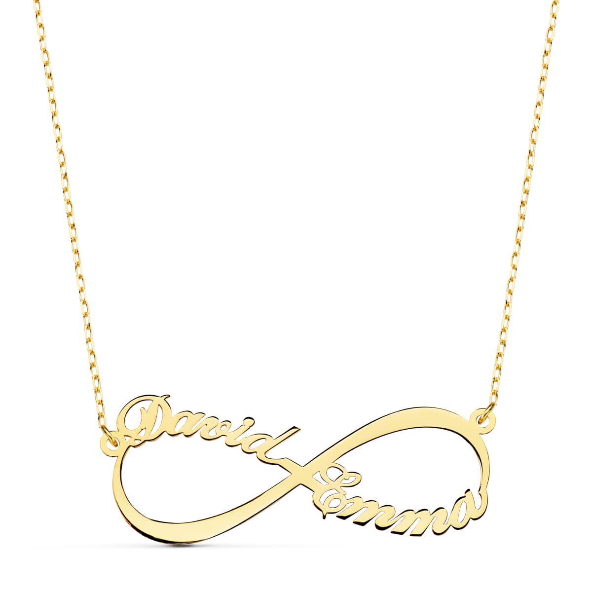 18k gargantilla oro amarillo infinito personalizado 2 nombres 35 mm cadena 44+2 cm