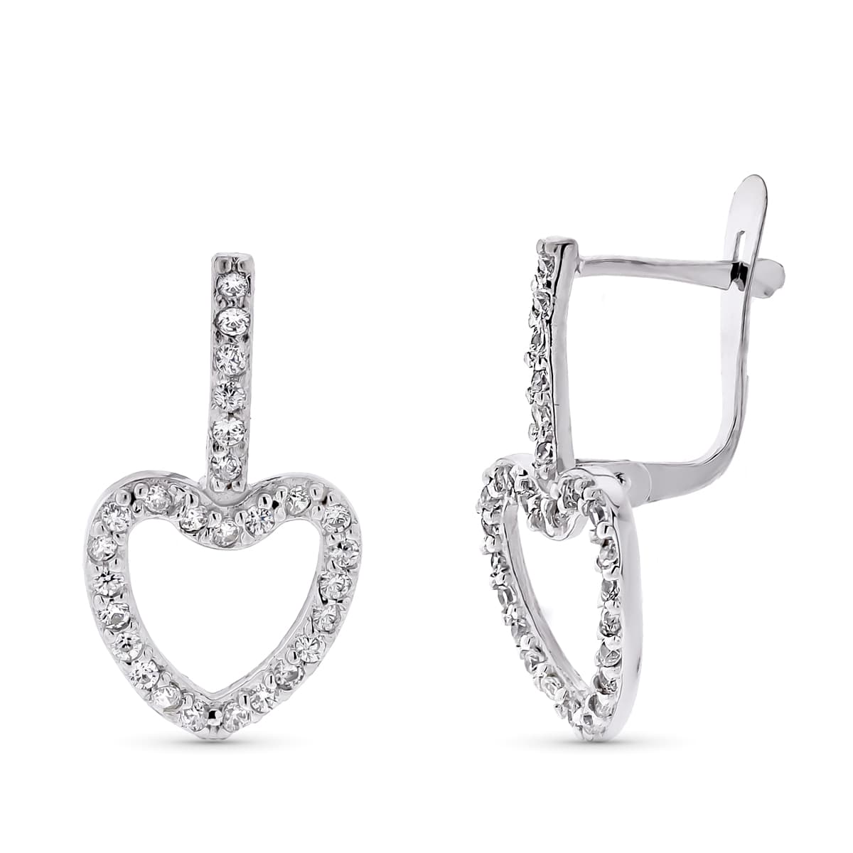 9k pendientes oro blanco dos cuerpos corazón circonita 20×10 mm cierre catalán