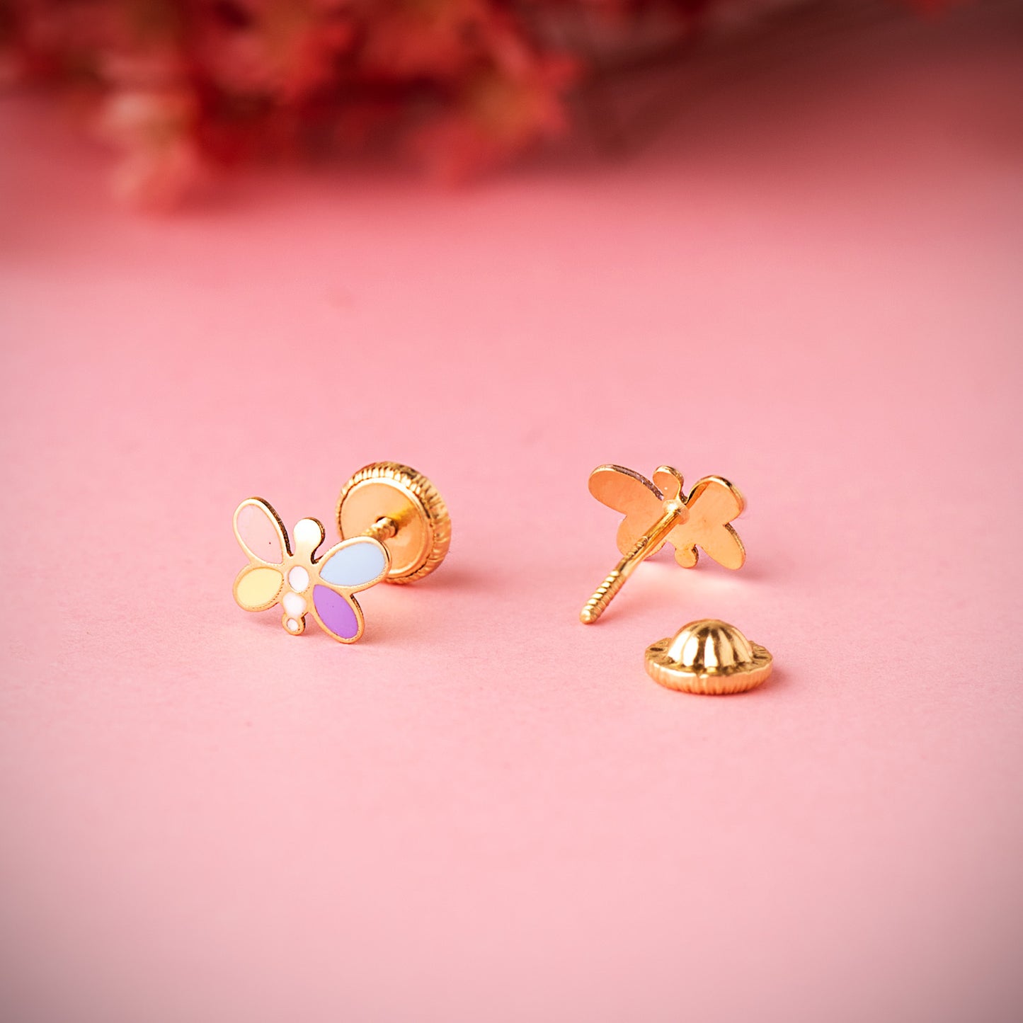 Pendientes de oro amarillo 18k libélula esmalte pastel (7x5 mm) cierre tuerca