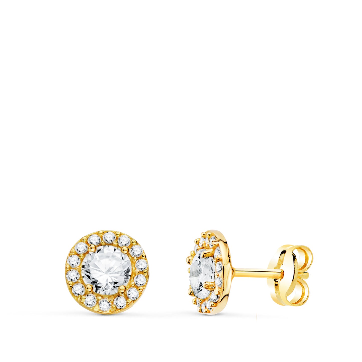 Pendientes de oro amarillo con circonita blanca y halo de piedras brillantes.