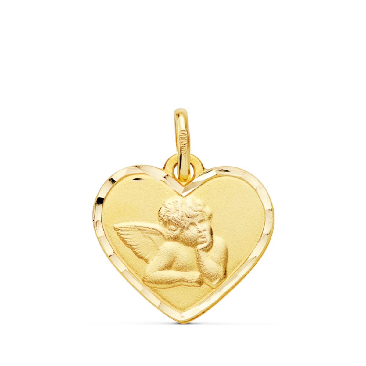 Medalla de oro amarillo 18k corazón angelito burlón con bordes tallados 14 mm