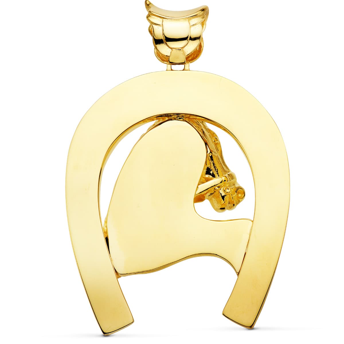 Colgante oro amarillo herradura con caballo 18k 60×50 mm