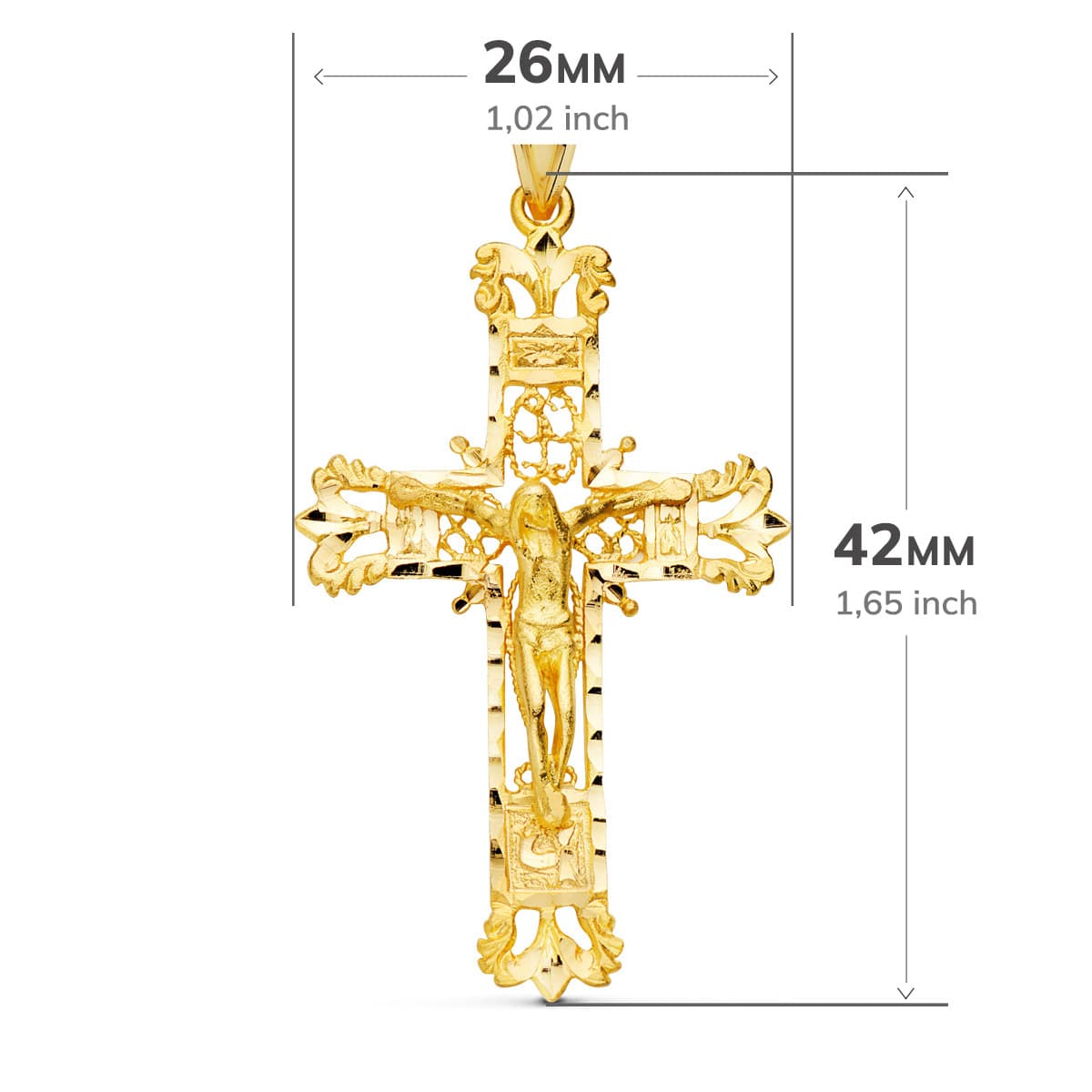 18k cruz oro amarillo filigrana con Cristo tallada 42 × 27 mm