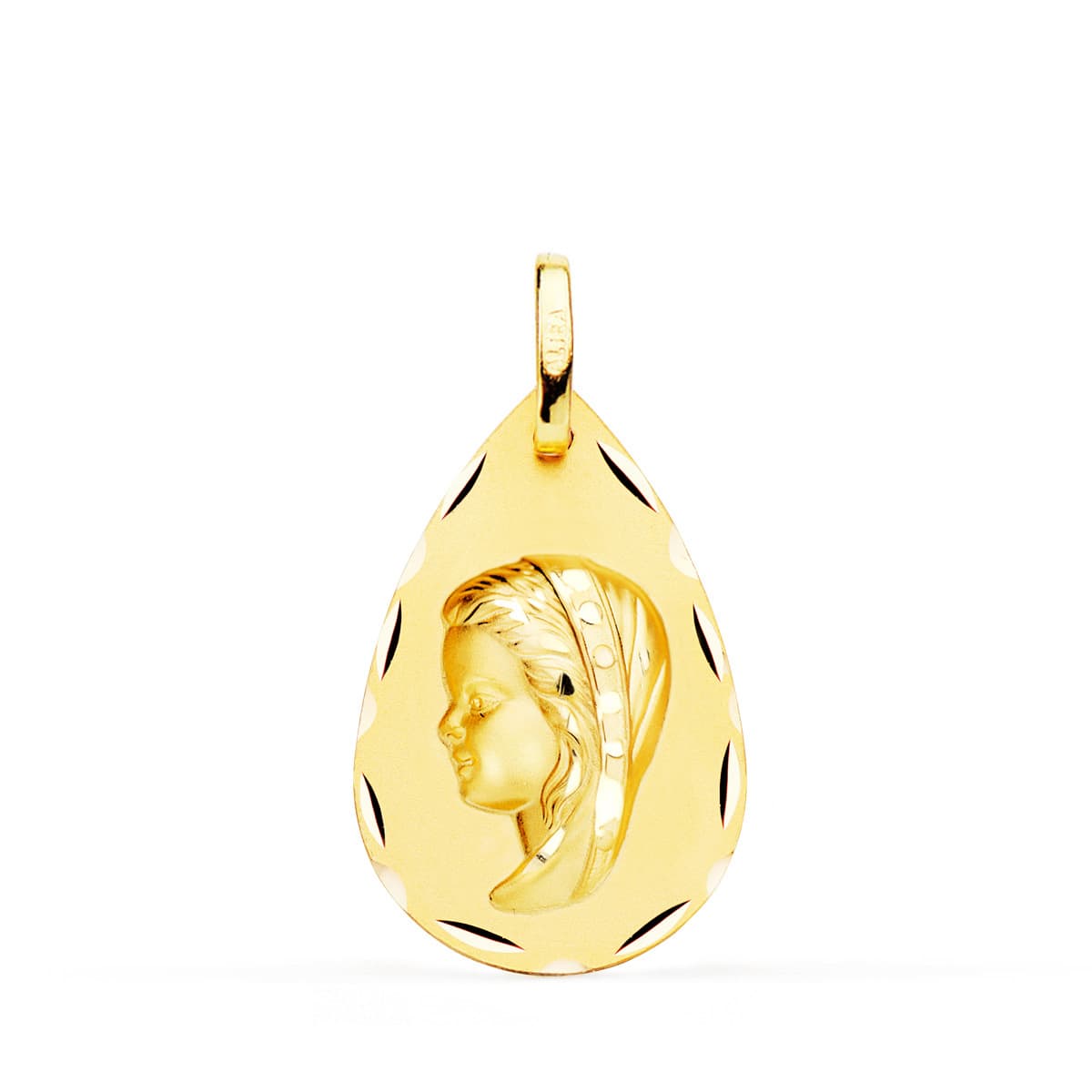 18k medalla oro amarillo virgen niña gota talla clásica 23×15 mm
