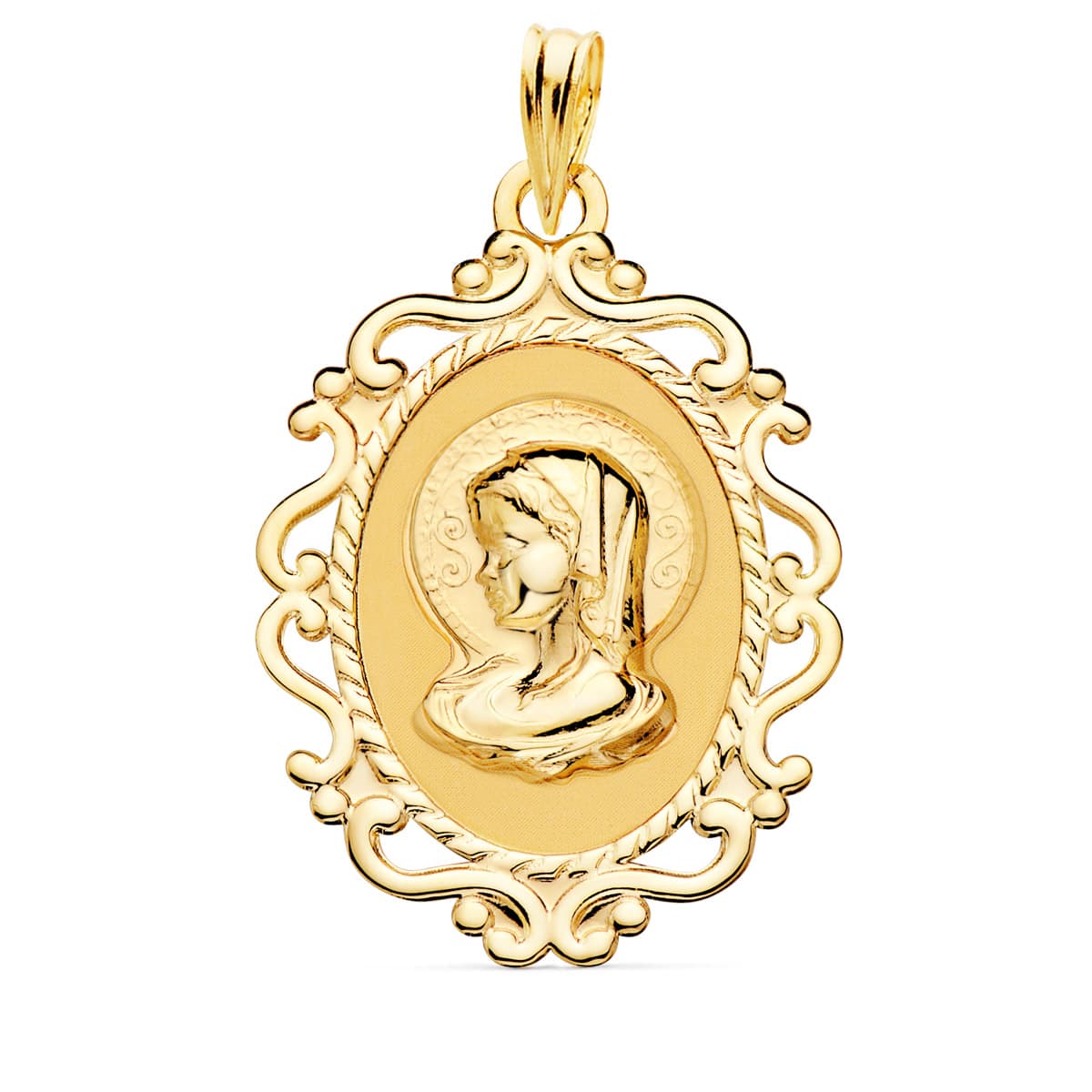 18k medalla oro amarillo virgen niña cerco calado en brillo 31 × 21 mm