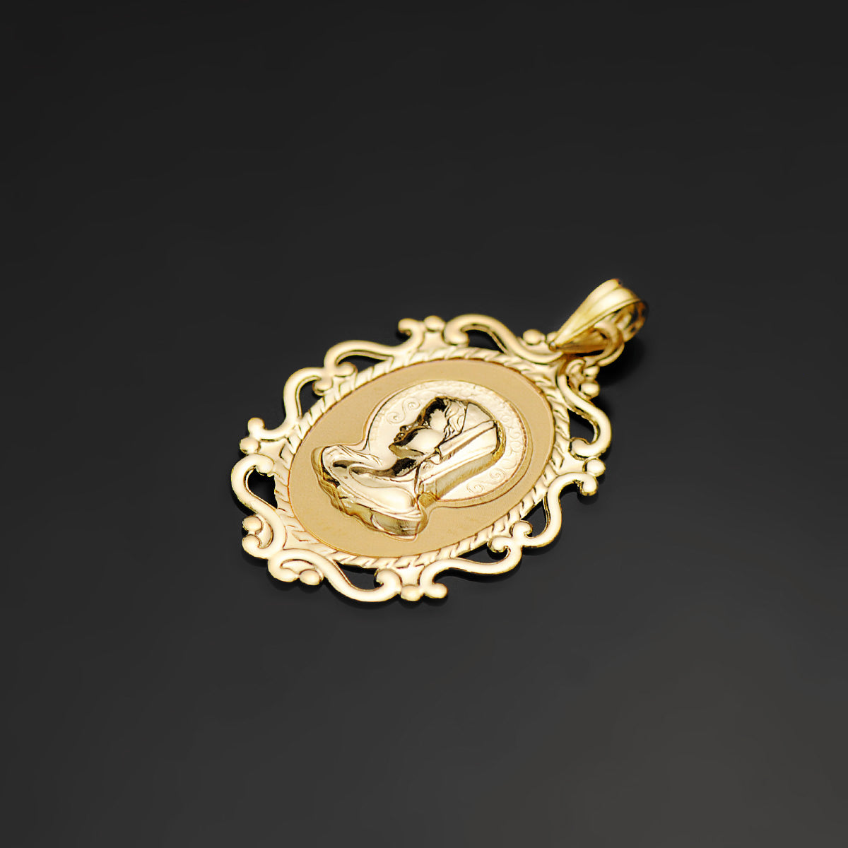 18k medalla oro amarillo virgen niña cerco calado en brillo 31 × 21 mm