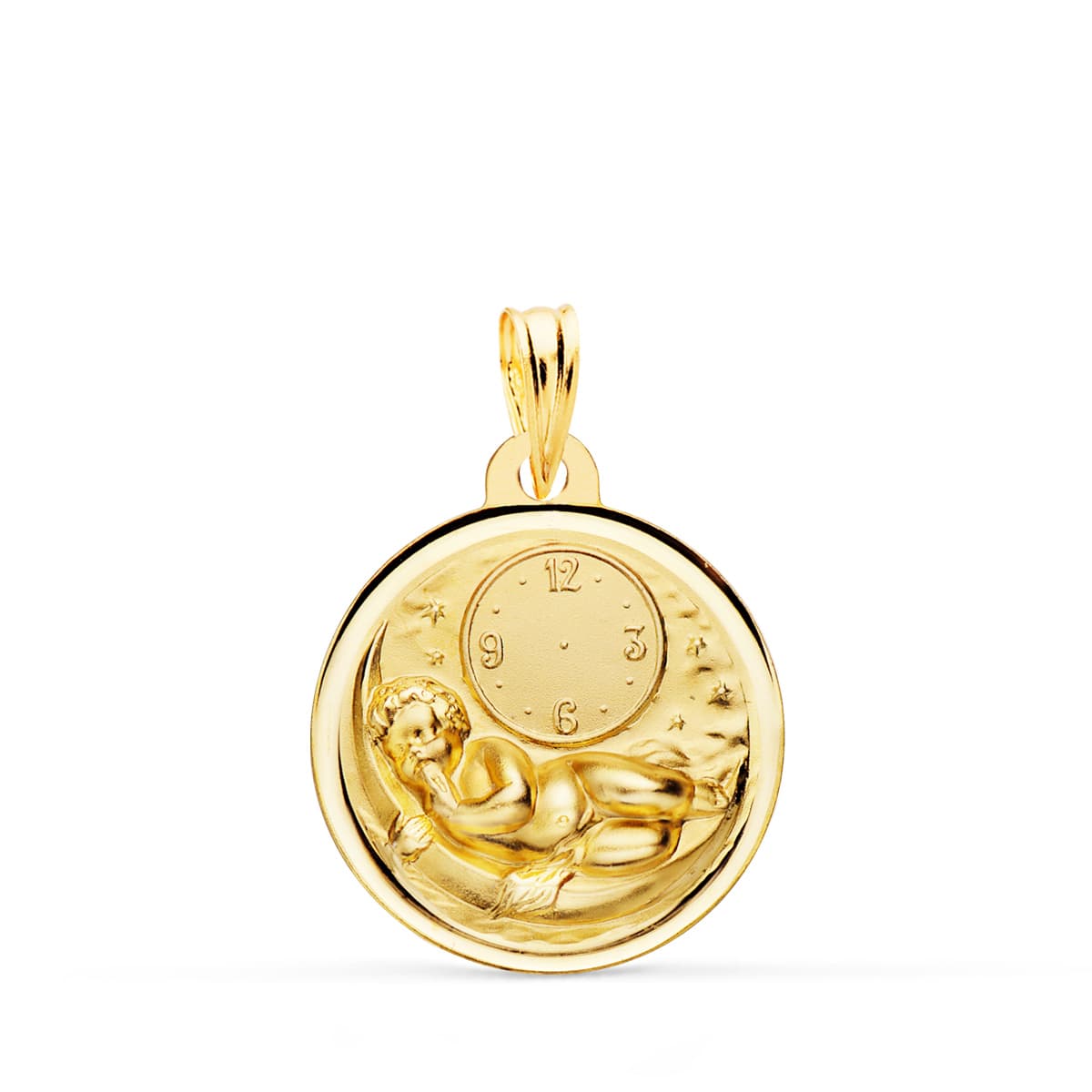 Medalla de oro amarillo 18k niño de la hora sobre luna con reloj en bisel 18 mm