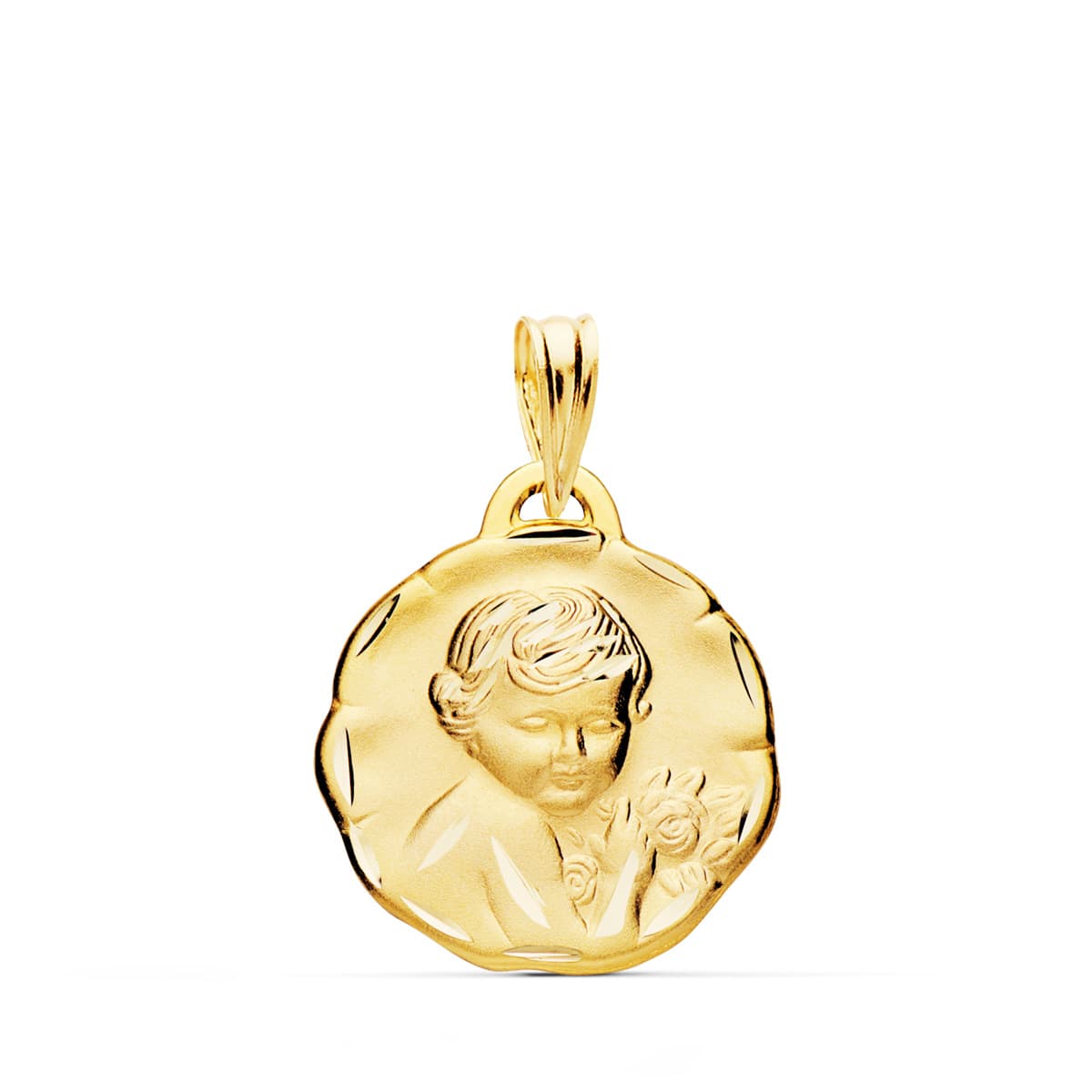 Medalla de oro amarillo 18k ángel querubín tallado 19 mm