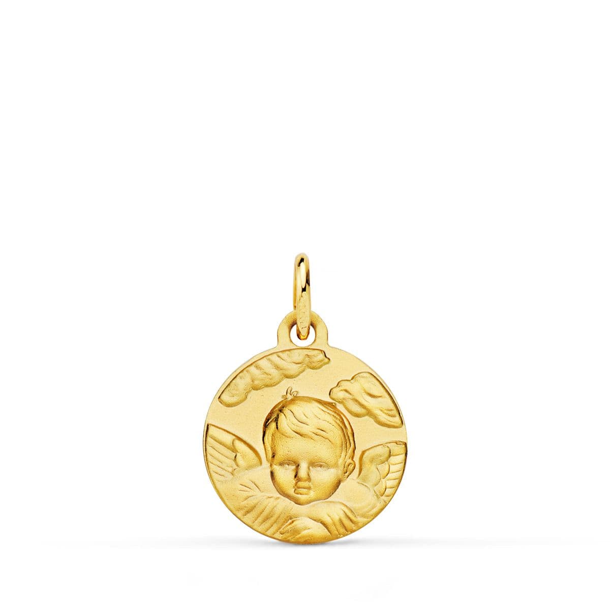 Medalla de oro amarillo 18k ángel niño en la nube matizado 14 mm
