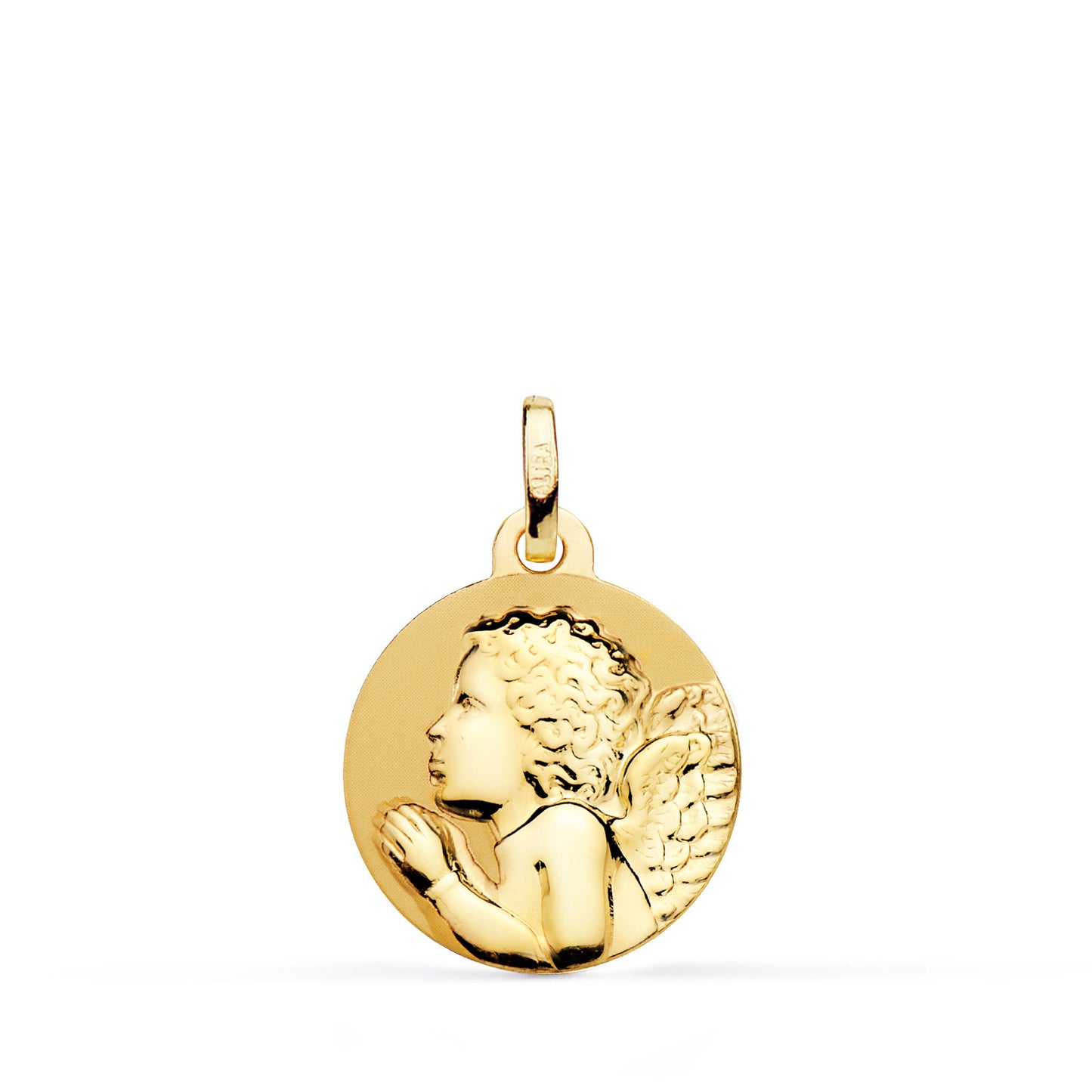 Medalla de oro amarillo 18k ángel niño piadoso rezando brillo 16 mm