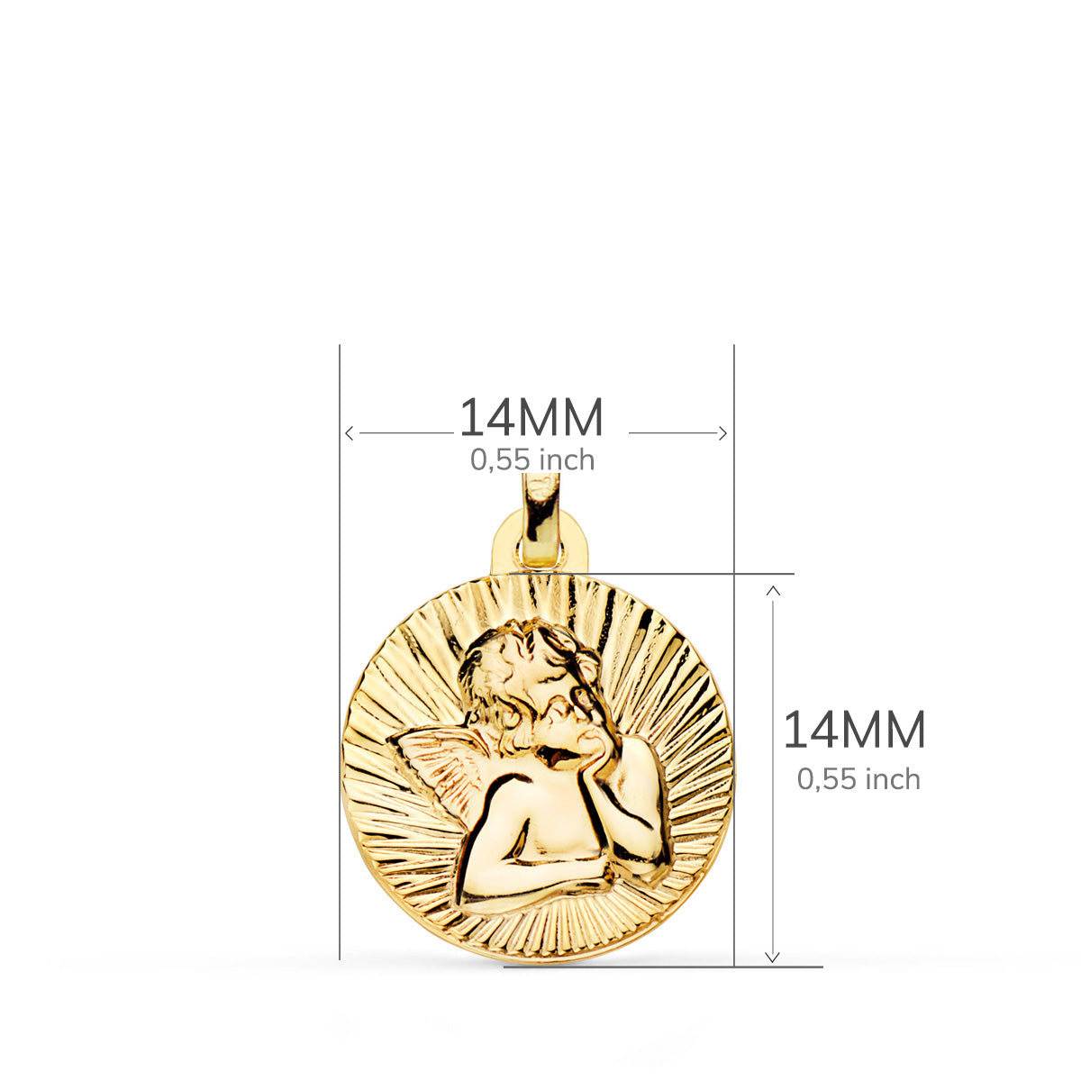 Medalla de oro amarillo 18k angelito burlón estriado en brillo 14 mm