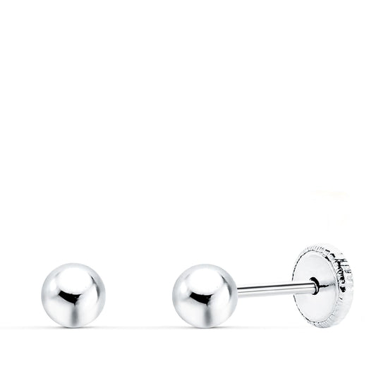 Pendientes de oro blanco 18k bola lisa (4 mm) cierre tuerca