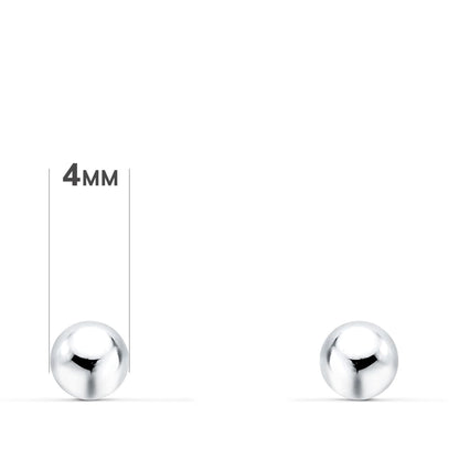 Pendientes de oro blanco 18k bola lisa (4 mm) cierre tuerca