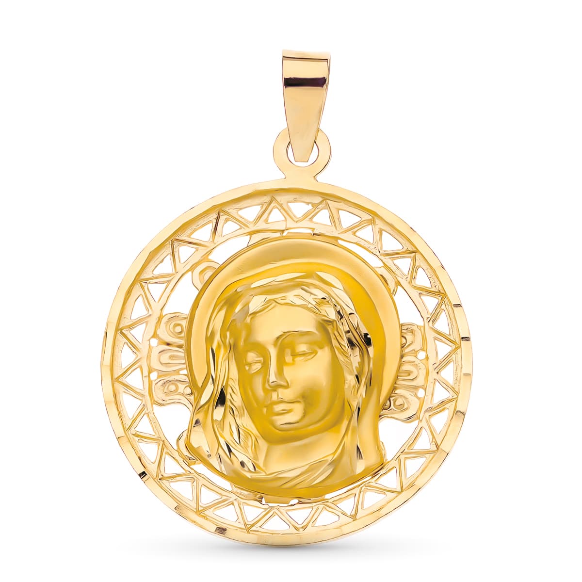 18k medalla oro amarillo virgen niña calada 22 mm