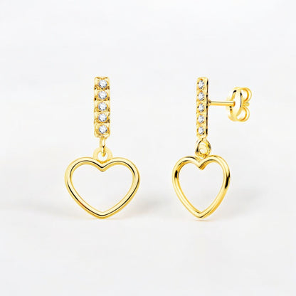 18k pendientes oro amarillo dos cuerpos colgante corazón y circonita 17×9 mm