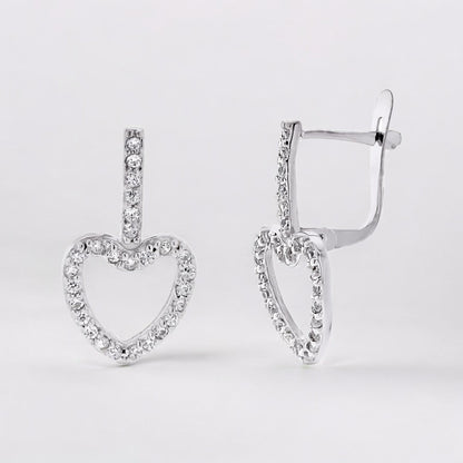 9k pendientes oro blanco dos cuerpos corazón circonita 20×10 mm cierre catalán