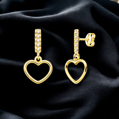 18k pendientes oro amarillo dos cuerpos colgante corazón y circonita 17×9 mm