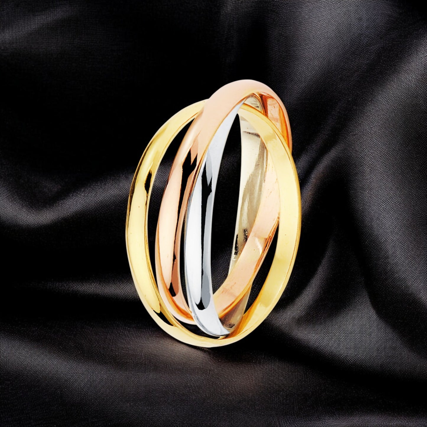 18k alianza tres aros oro tricolor media caña. ancho: 2 mm