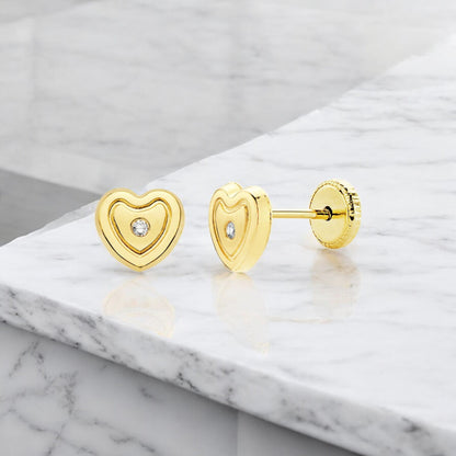 18k pendientes oro amarillo corazón circonita 6.5×6 mm cierre tuerca