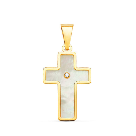 18k cruz oro amarillo con nácar y circonita 18 × 12 mm