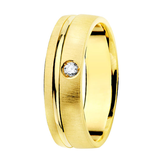 18k alianza oro amarillo matizada y filo brillo diamante 0.045 qts. ancho: 5,5 mm
