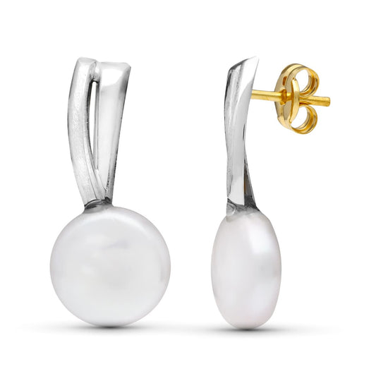 Pendientes de oro blanco con perlas cultivadas y bandas 18k 21×9 mm cierre presión