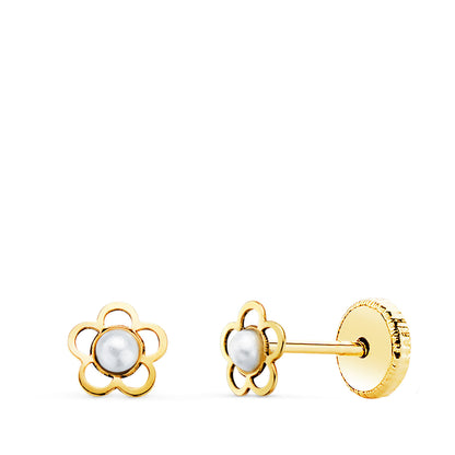 Pendientes de oro amarillo 18k flor calada con perla 5×5 mm